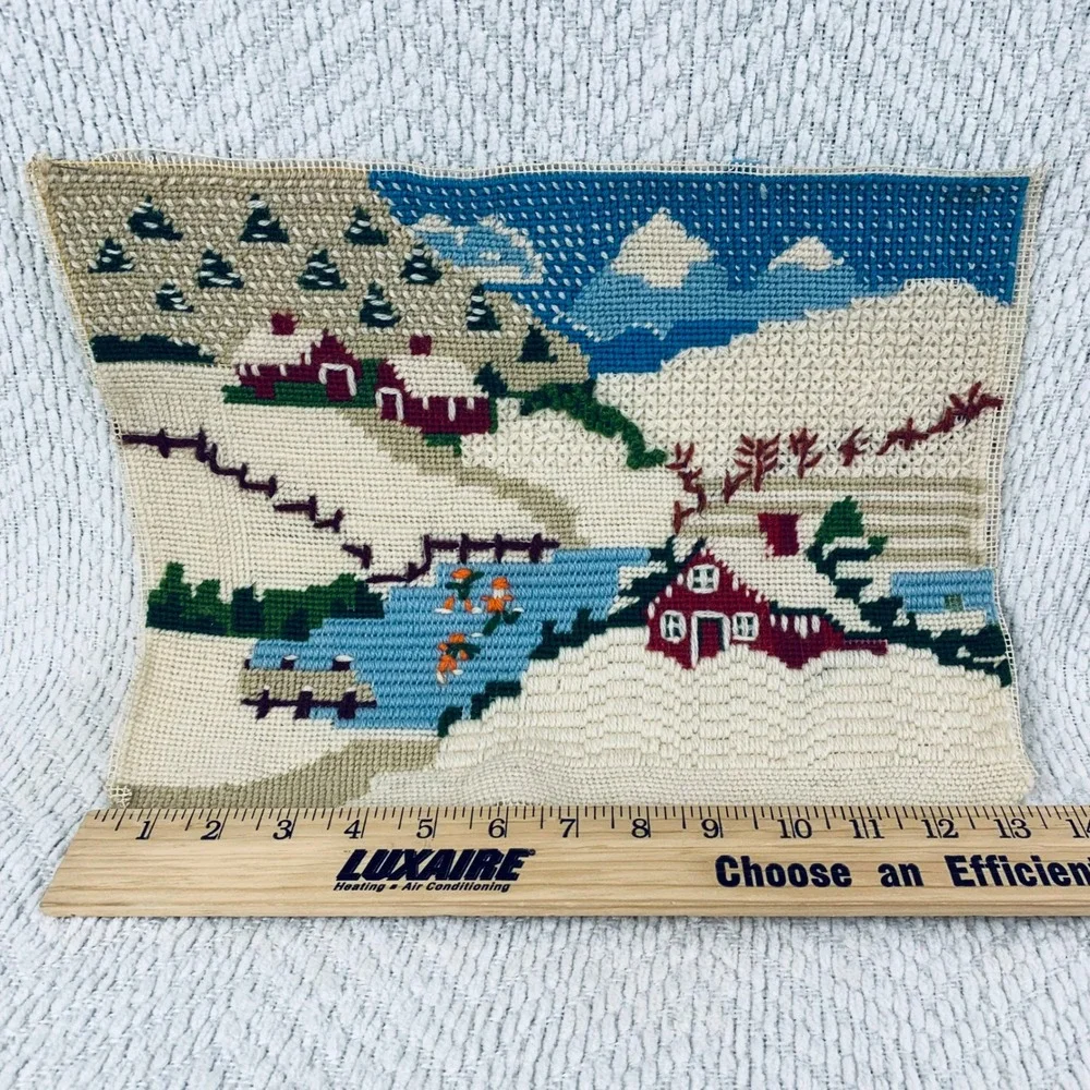 Handmade Needlepoint Winter Village Scene Farm Red Barn Snow Folk Art Tapestry